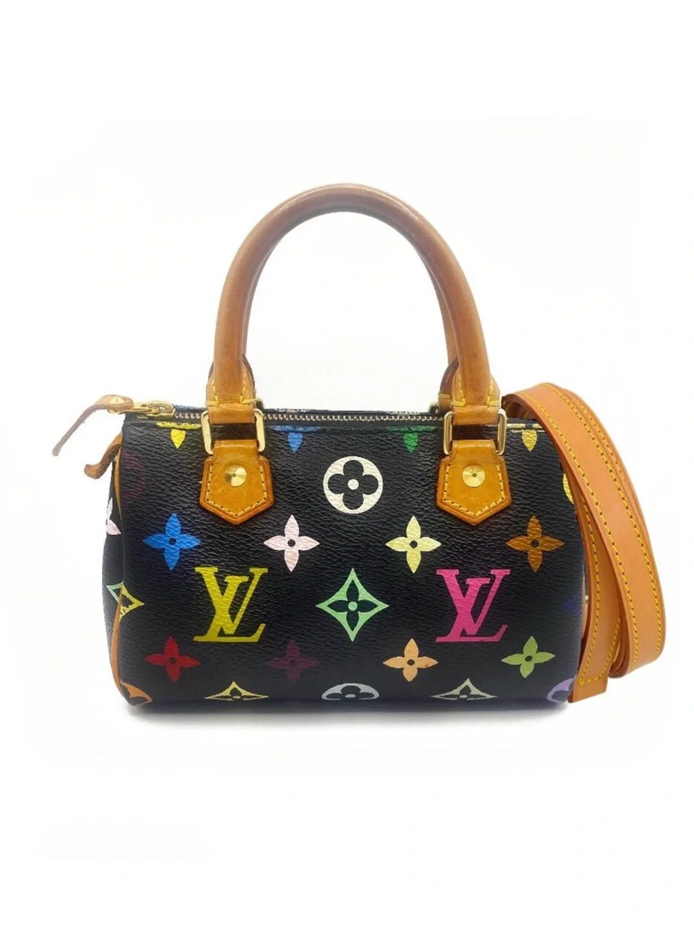 Authentic Louis Vuitton Multicolor Mini Speedy Monogram Nano Sac Bag HL Black
